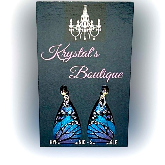 Sterling Silver Vibrant Blue Purple Morpho Butterfly Wing Teardrop Earrings - Picture 1 of 2